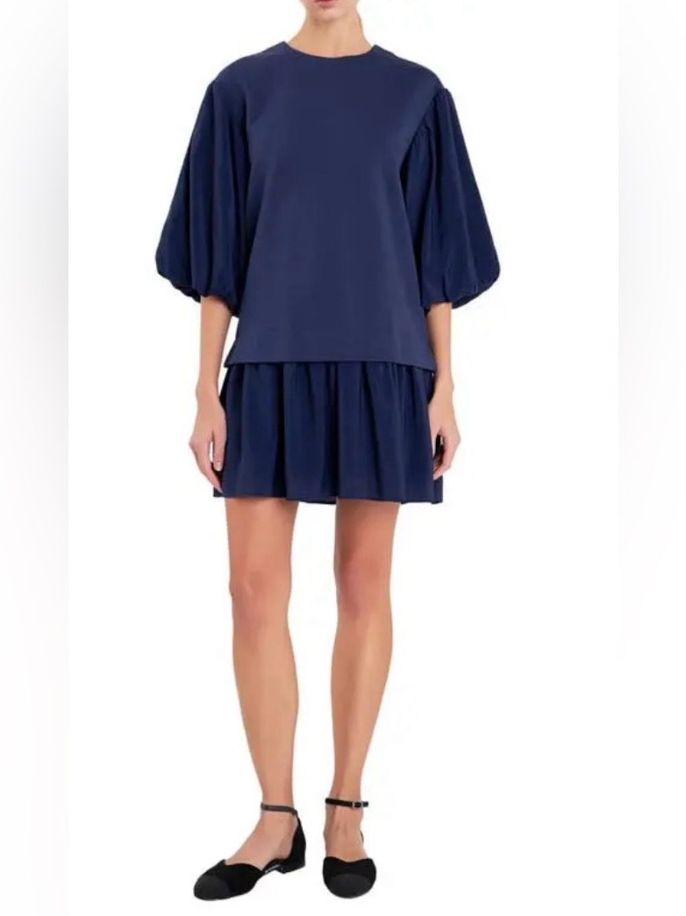English Factory Navy Puff-Sleeve Mixed Media Mini Dress Size Small